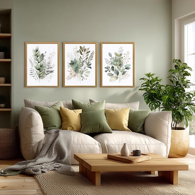 LLEEMPI Sage Green Wall Art Set of 3, Modern Watercolor Botanical Wall Decor, Eucalyptus Leaf Canvas Painting, Classic Minimalist Florals Poster Print for Bedroom Bathroom Office Wood Framed 12x16 Inch