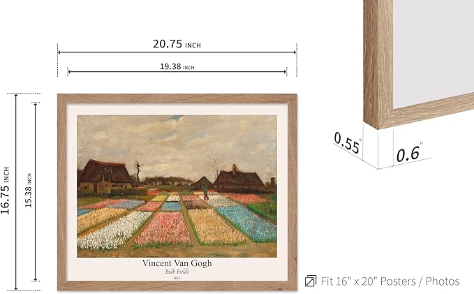 Monem Art Vintage Van Gogh Poster - Retro Bulb Fields Print - Flower Beds in Holland Art - Impressionism Art - Fine Art - Classic Painting Art - Great Bedroom Wall Decor - 16x20 Beige Framed