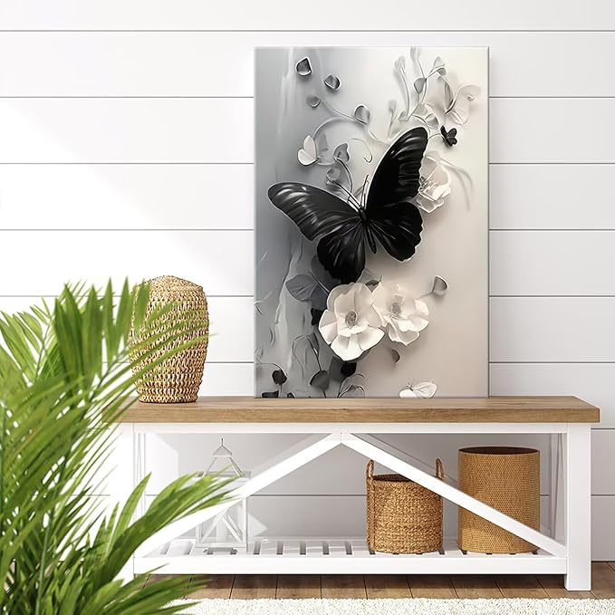 Black Butterfly with Flowers Canvas Poster Modern Minimalist Wall Art Trendy Elegant Painting Prints Vintage Nature Botanical Aesthetic Home Decor for Bedroom Living Room 24x36inch Framed