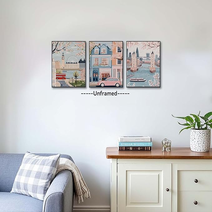 XLARTMY Watercolor City Landscape Travel Wall Art Canvas Framed Pink Cherry Flower Poster Girly Prints Painting Pictures Set of 3 for Bedroom Living Room Office 16x24in Unframed