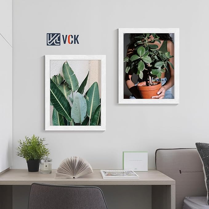 VCK 11x14 Picture Frames White Set of 5, Wide Border Wood, Tempered Glass, Display 8.5x11 Photo with Mat or 11 x 14 without, for Home, Office, Gallery, Woodgrain Series, Wall Hanging