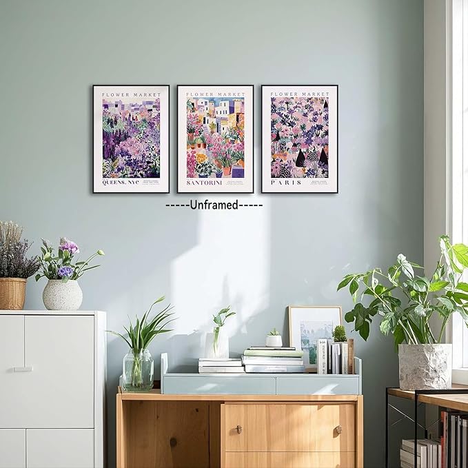 XLARTMY Flower Market Wall Art Prints Canvas Purple and Pink Floral Paintings Colorful Botanical Travel Flower Posters for Home Decor Pictures Set of 3 for Living Room Bedroom 16x24in Unframed