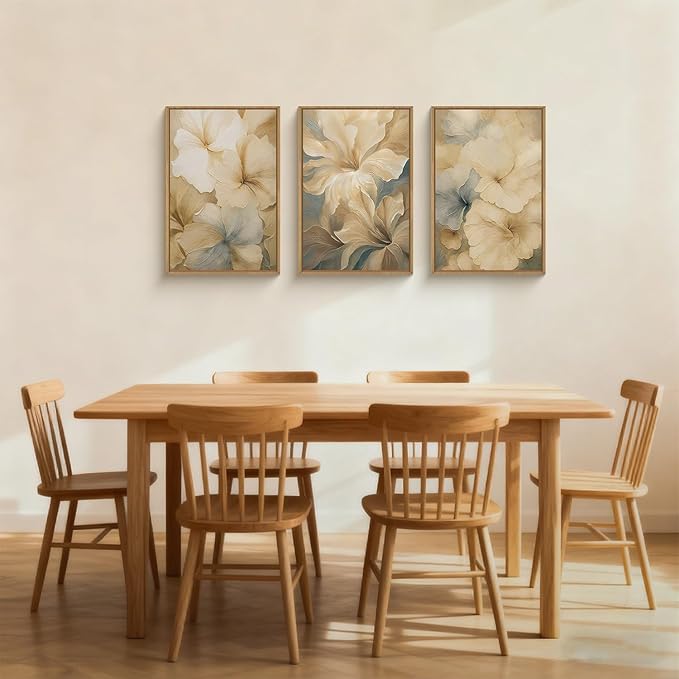 KAIRNE Neutral Floral Wall Art Set of 3, Modern Abstract Flower Prints with Soft Beige & Grey Tones, Boho Botanical Artwork for Living Room Bedroom Office, Minimalist Aesthetic Home Decor 16×24inch