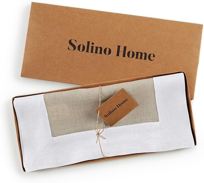 Solino Home Linen Table Runner 108 Inches Long - White and Natural 100% Pure Linen 14 x 108 Inch Table Runner for Dining, Spring, Winter - Contempo