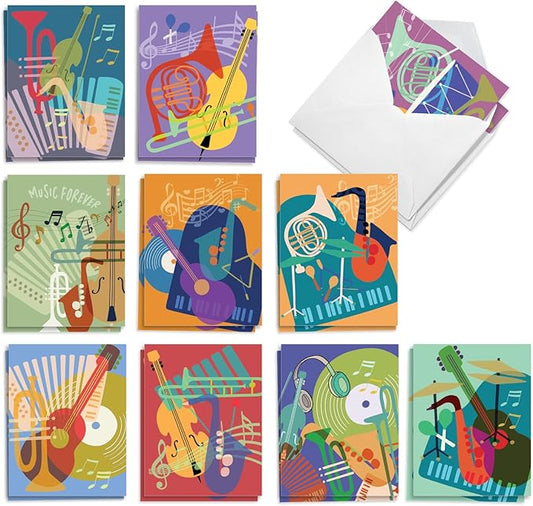 The Best Card Company 20 Assorted Blank Notes Bulk Box Set 4 x 5.12 Inch with Envelopes (10 Designs, 2 Each) Musical Notes AM10042OCB-B2x10