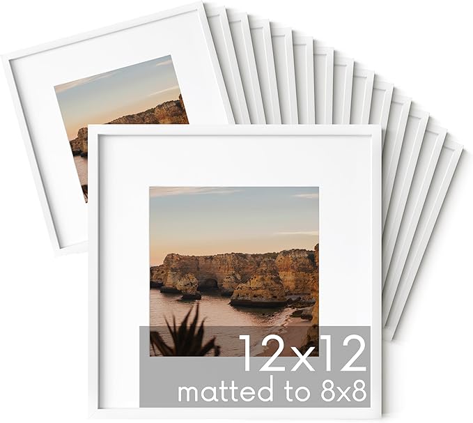 HAUS AND HUES 12x12 White Metal Picture Frames Matted to 8x8 - Features Premium Aluminum & Hanging Hardware, Shatterproof Plexiglass - Ideal for Home, Room, Office (12x12 in, White, Set of 15)