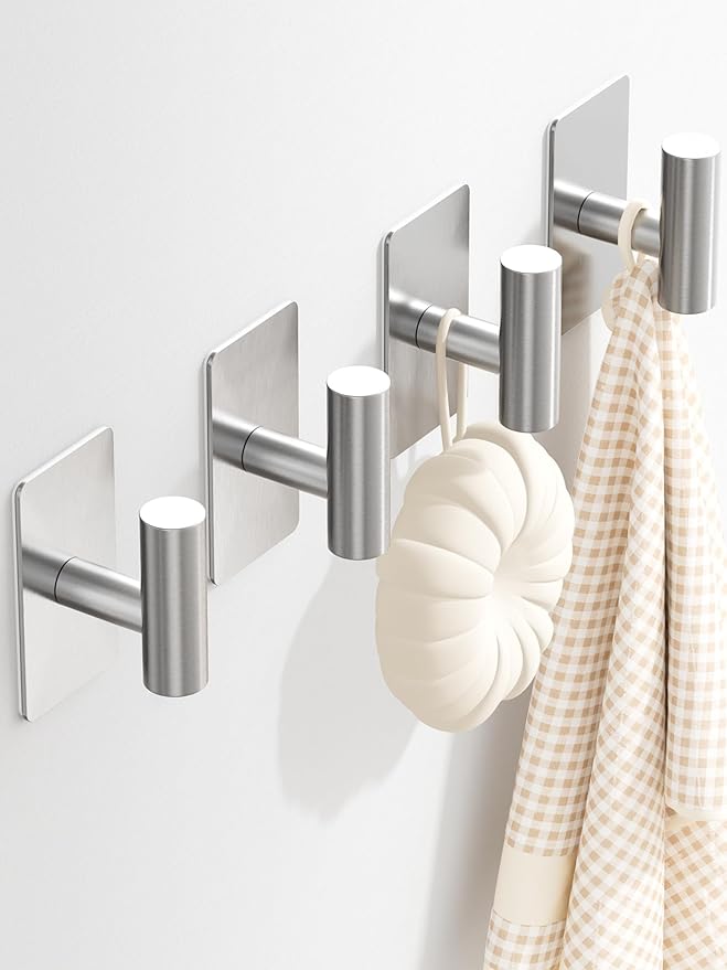 Towel Hooks for Bathrooms – 4 Pack, Brushed Silver Finish, T-Shaped Stainless Steel Adhesive Wall Hooks for Robes & Towels in Kitchen, Shower, or Closet