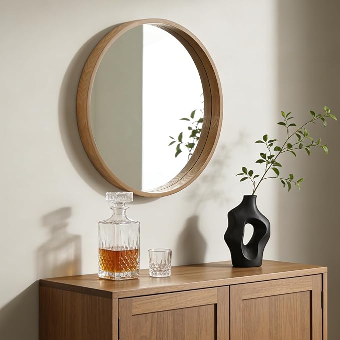 WallBeyond 28 Inch Natural Round Wood Mirror, Large Circle Wooden Frame Wall Mirror for Bathroom, Living Room, Bedroom, Entryway