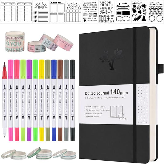 Bullet Dotted Journal Kit, 140gsm No Bleed A5 Dotted Bullet Grid Journal Set with 188 Pages, 10 Stencils, 14 Washi Tape, 12 Brush Pens Dual Tip, Journaling Supplies for Diary Schedule Planner, Black