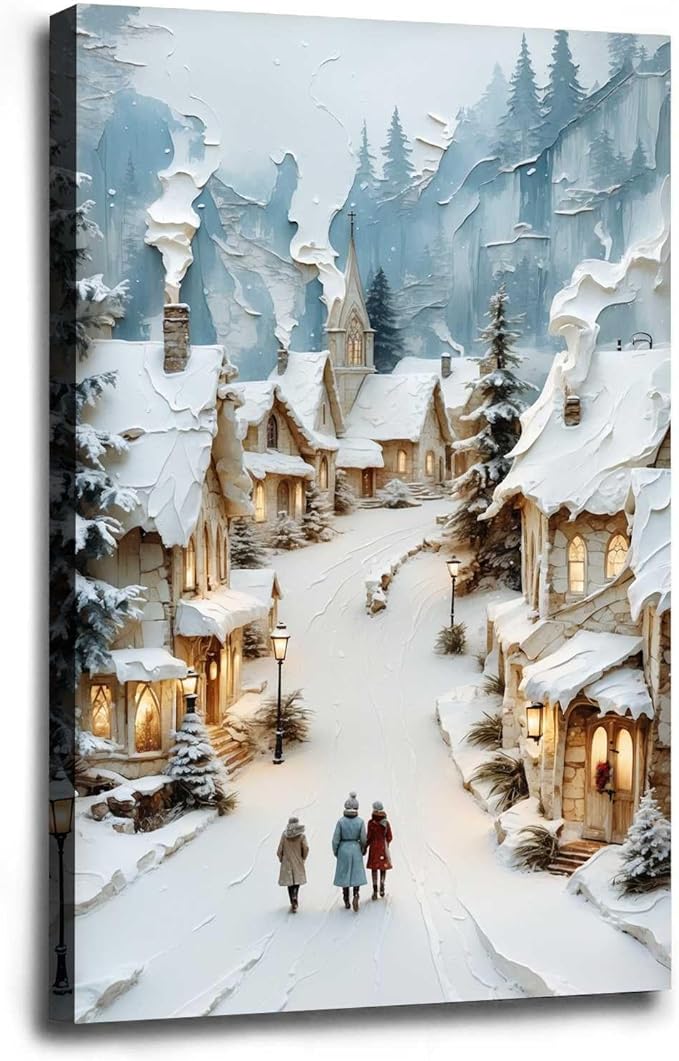 Christmas Winter Painting Snowy Village Street Festive Landscape Print Holiday Church Wall Decor Winter Cottagecore Canvas Painting Indoor Decor for Living Room Bedroom Office Framed Ready to Hang