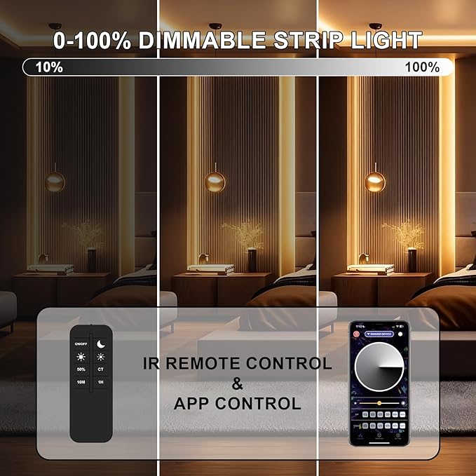 COB LED Strip Light 3000K 40FT/12M warm white led strip Dimmable High Lumen Strip with IR Remote 24V UL Certified Adapter Suitable Adhesive Indoor COB LED Strip for Bedroom Living Room, Shelf, Cabinet