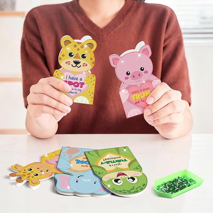 Saillong 12 Pack Valentine's Day Diamond Painting Greeting Card Kit Animal Diamond Art Cards with Envelopes Valentine 5D Rhinestones Painting Making Kits for Adult DIY Craft Family Friend Holiday Gift