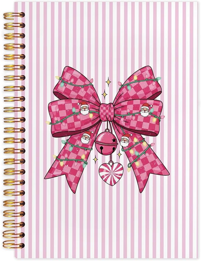 Coquette Pink Plaid Bow Christmas Spiral Notebook, Preppy Christmas Journal for School Office Supplies, Girly Xmas Pink Aesthetic Holiday Hardcover Journal 5.5x8.3 Inch