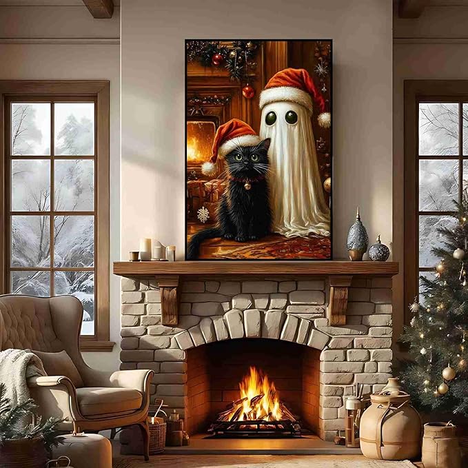 Christmas Pet Canvas Print Ghost and Cat Painting Christmas Cat and Ghost Whimsical Holiday Decor Rural Art print Indoor Decor for Home Living Room Bedroom Pet Lover Bedroom Framed Ready to Hang