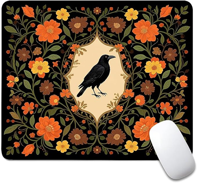 Square Mouse Pad Crow Flower, Personalized Premium-Textured Custom Mouse Mat Design, Washable Mousepad Cloth, Non-Slip Rubber Base Computer Mouse Pads for Wireless Mouse