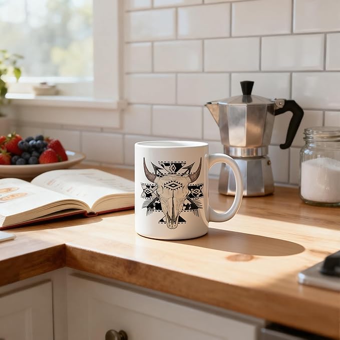 Western Cow Aztec Mug 11 oz, Cowboy Gifts, Western Gifts Coffee Cups Ceramic, Boho Country Wild West Ceramic Mug for Coffee Tea Hot Cocoa Home Office Work