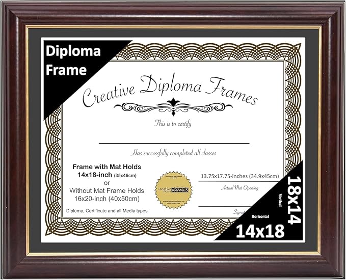 Creative Picture Frames 14x18 Mahogany Gold Rim Diploma Frame with Black Mat Glass and Installed Wall Hangers | Frame Holds 16x20 Media without Mat
