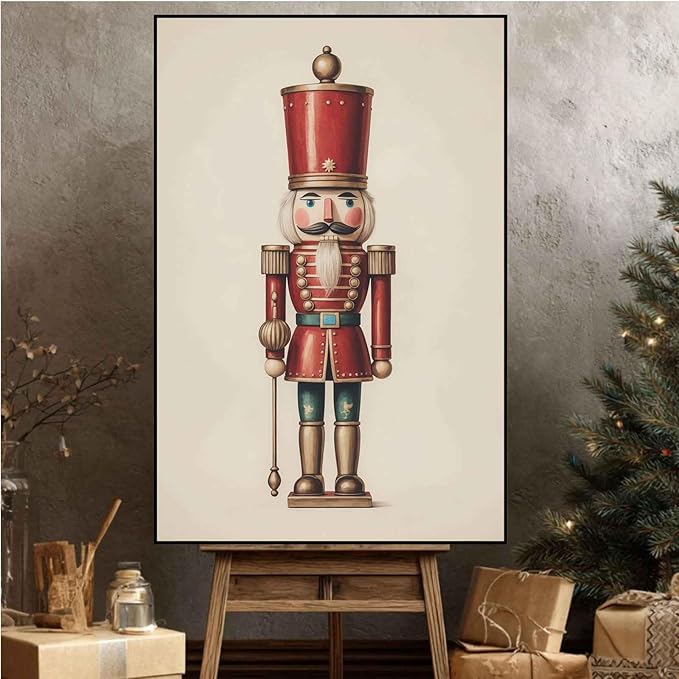 Nutcracker Christmas Wall Art Festive Christmas King Holiday Print Classic Soldier Nutcracker Vintage Holiday Canvas Painting Indoor Decor for Home Offices Living Room Bedroom Framed Ready to Hang