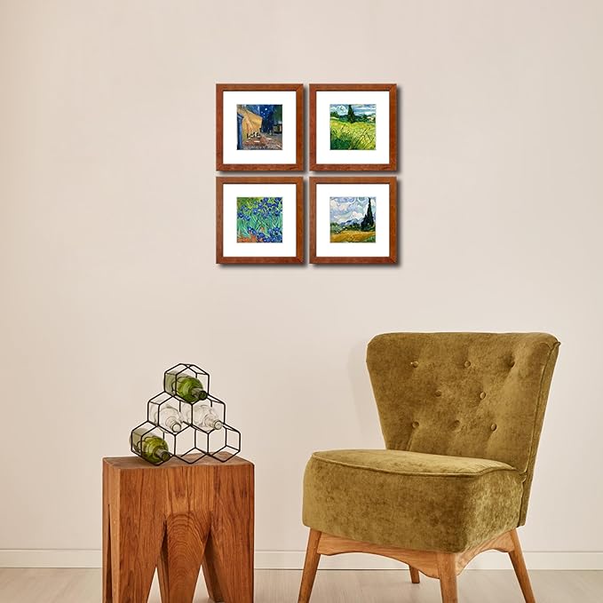 8x8 Picture Frame Set of 4 Made of Solid Wood Photo Frame with Real Glass for Pictures 5x5 with Mat or 8x8 Without Mat,Wall Gallery or Tabletop display Picture Frames,Brown