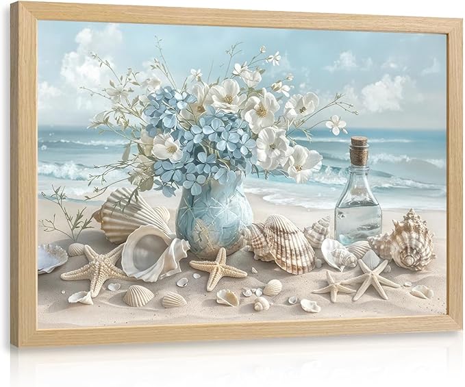 LLEEMPI Coastal Beach Wall Art, Seashell Starfish Ocean Wall Decor, Shell Floral Sea Canvas Print, Blue Sky White Cloud Landscape Poster Print for Bathroom Bedroom Office Wood Framed 12x16 Inch