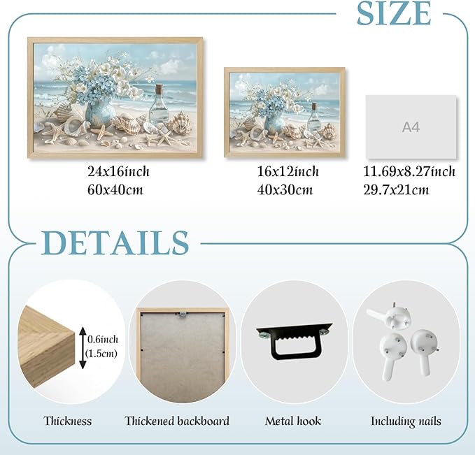 LLEEMPI Coastal Beach Wall Art, Seashell Starfish Ocean Wall Decor, Shell Floral Sea Canvas Print, Blue Sky White Cloud Landscape Poster Print for Bathroom Bedroom Office Wood Framed 12x16 Inch