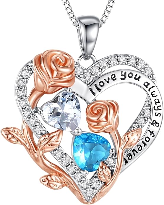 I Love You Birthstone Necklace, 925 Sterling Silver Heart Pendant with CZ Diamond Stones, Birthday Gifts for Women, Romantic Gift for Wife, Girlfriend, Her, Anniversary, Valentine's Day, Christmas