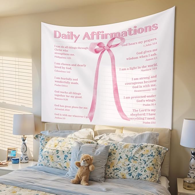 STHTTSW Pink Coquette Bow Dorm Tapestry Aesthetic, Daily Affirmations Tapestries Wall Blanket, Pink Wall Hanging Decor for Teen Girl Women School Counselor Therapy Office, 50x60 Inch
