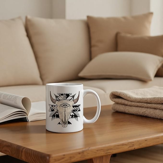 Western Cow Aztec Mug 11 oz, Cowboy Gifts, Western Gifts Coffee Cups Ceramic, Boho Country Wild West Ceramic Mug for Coffee Tea Hot Cocoa Home Office Work