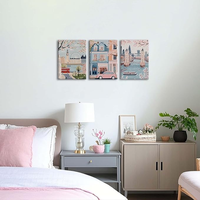 XLARTMY Watercolor City Landscape Travel Wall Art Canvas Framed Pink Cherry Flower Poster Girly Prints Painting Pictures Set of 3 for Bedroom Living Room Office 12x16in