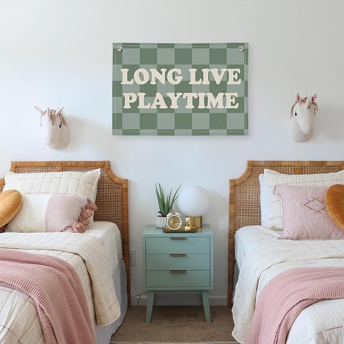 Long Live Playtime Banner, Boy Nursery Decor, Sage Green Blue Canvas Banner Wall Hanging Banner Flag Decor for Nursery Playroom Toddler Room, Boys Kids Room Decor, 26x19 Inch, Beige