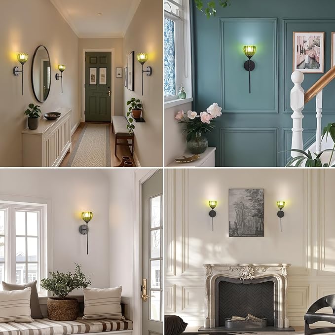 Battery Operated Wall Sconce Set of 2, Green Tulip Vintage Wall Light Fixture Rechargeable 5000mAh Battery Powered Wall Lamp with Remote for Living Room Bathroom, Black