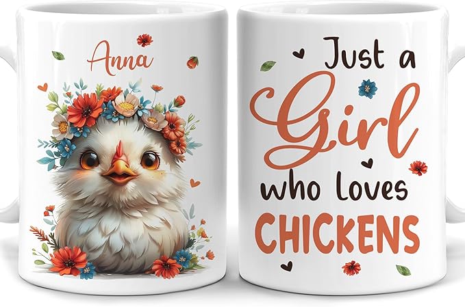Hyturtle Personalized Cute Chicken Coffee Mug - Custom Ceramic Cup - Just A Girl & Animal Lover's Chicken Delight - 15oz