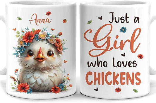 Hyturtle Personalized Cute Chicken Coffee Mug - Custom Ceramic Cup - Just A Girl & Animal Lover's Chicken Delight - 15oz