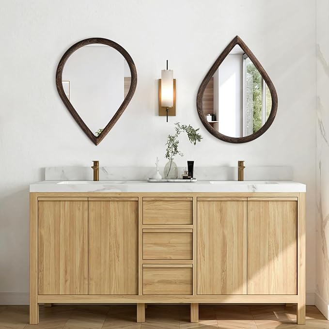 Wood Frame Mirrors for Wall Rustic Retro Hanging Mirrors Drop Shaped Wall Decor Mirror Wall Mounted Irregular Bathroom Bedroom Mirror 16x20 Inches
