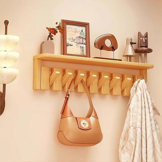 Wall Mounted Piano Key Hanger | Flip Style Hook | Entrance Wall Art Hook, Made of Oak Wood (3 Times Painted, 4 Times Polished) (Tray Beech, 8Hooks)