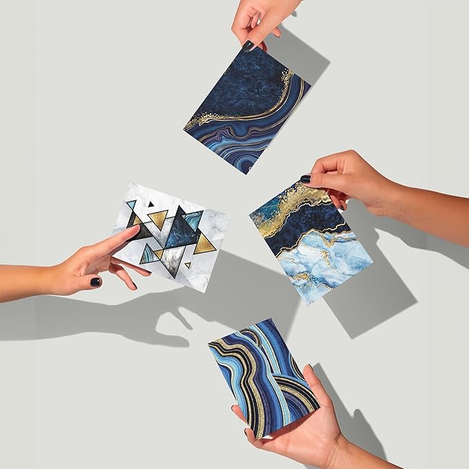 All Occasion Abstract Greeting Cards Boxed Set - 24 Blank Just Because or Thank You Cards w/White Envelopes - Marbled Agate Designs on High-Quality Card Stock by RitzyRose (Blue and Gold)