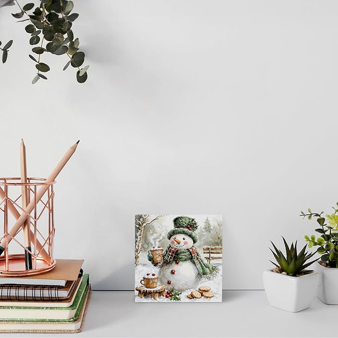 OFlich Green Snowman Wooden Box Sign, Rustic Christmas Snowman Wood Sign for Home Office Desk Table Shelf Decor, Winter Home Decor, 5x5 Inch