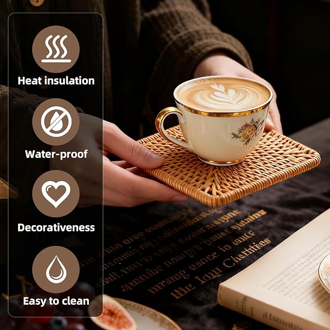 Handmade Rattan Coasters Set of 6 with Holder - Woven Aesthetic Drink Coasters for Table & Desk, Natural Boho Farmhouse Rustic Coffee Cup Pads, Home Bar Patio Table Outdoor Decor (Square)