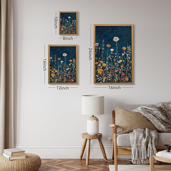 CAZLOUC Vintage Wildflower Wall Art, Colorful Botanical Flower Wall Decor, Rustic Dark Blue Floral Canvas Painting, Classic Minimalist Poster Print for Bedroom Office Wood Framed 8x10 Inch
