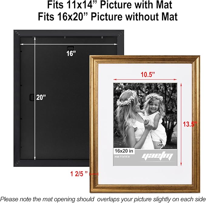 Yaetm 16x20 Picture Frame Matted to 11x14 Set of 2, 1.4” Wide Molding & Rustic Gold Poster Frames 16 x 20 for Wall Gallery, Home and Office, Wall Mount (2 pack, Gold)