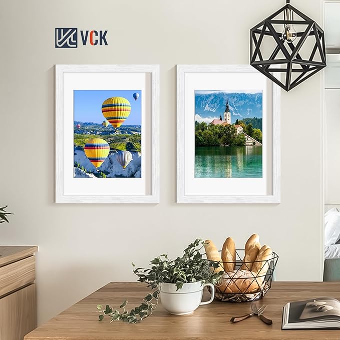 VCK 12x16 Picture Frames White Set of 5, Wide Border Wood, Tempered Glass, Display 8.5x11 Photo with Mat or 12 x 16 without, for Home, Office, Gallery, Woodgrain Series, Wall Hanging