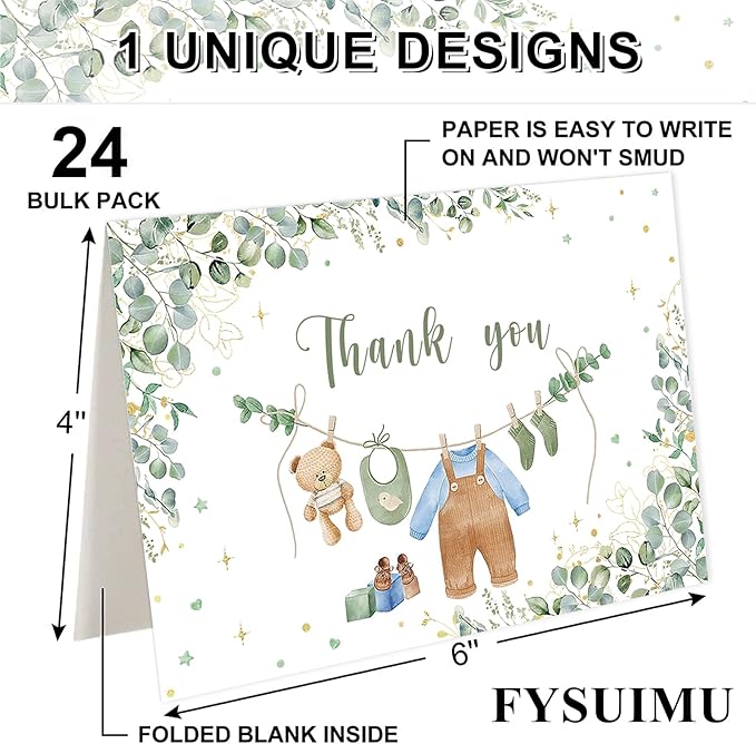 24 Pack Greenery Baby Shower Thank You Cards Bulk Eucalyptus Leaves Greeting Cards with Envelopes Stickers Blank Note Cards for Birthday Party Supplies, 4 x 6 Inch