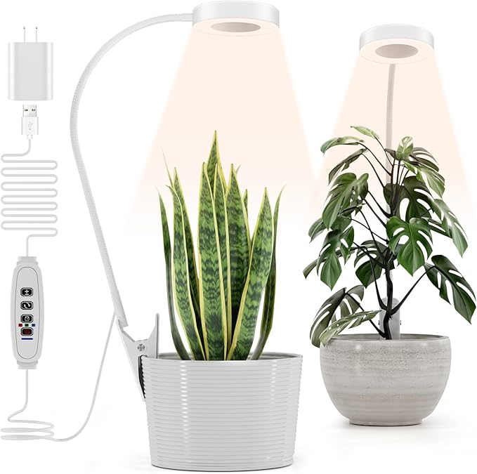 Pot Clip on Grow Lights for Indoor Plants Full Spectrum,LED Plant Lights for Indoor Growing,10-Level Dimmable & Timer,Adjustable Gooseneck Plant Grow Light for Small Plant,Succulents,White 1 Pack