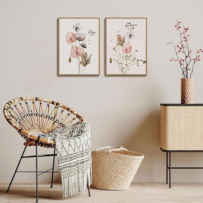YOYIAXT 2 Pieces Watercolor Botanical Canvas Wall Art For Bedroom Pink Blush Floral Framed Wall Art Minimalist Neutral Flower Art Prints Artwork For Living Room Office, 16x24 in