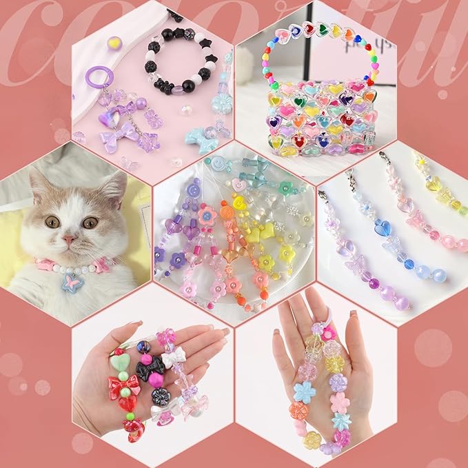 180-240PCS TINKRSTUFF Assorted Acrylic Beads 3 Mixed Colors Cute Beads for Bracelet Making, Bow Aesthetic GummyBear Flower Butterfly Kawaii Charms for Jewelry Making DIY Necklace Keychain Phone Charm
