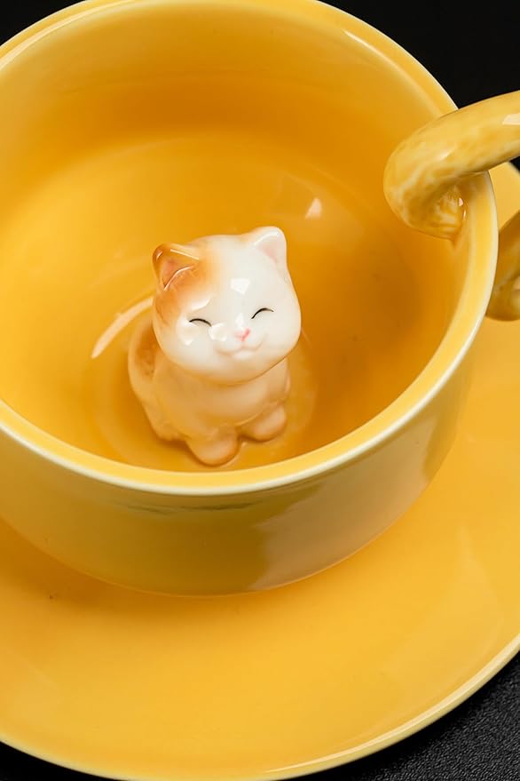 DIHOclub Ceramic Coffee Mug With Saucer 3D Cat Sculpture With Tail Handle - Elegant Office & Gift-Ready Tea Cup for Pet Lovers, Birthday, Christmas (Yellow Cat)