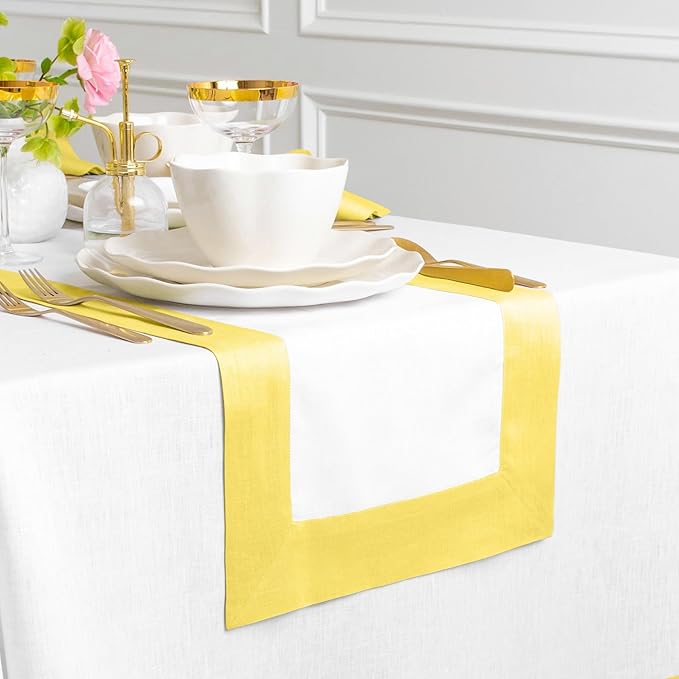 Solino Home Linen Table Runner 108 Inches Long - 100% Pure Linen Sunshine Yellow and White Table Runner 14 x 108 Inch for Spring, Easter - Contempo