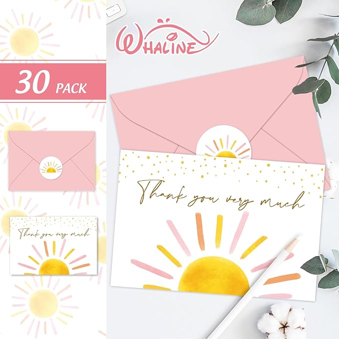 Whaline 30 Packs Baby Shower Thank You Cards Greeting Card Pink Boho Sun Sunshine Blank Note Cards with Envelopes and Stickers for Birthday Holiday Baby Shower, 4 x 6 Inch