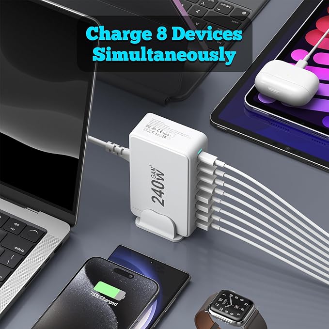 USB C Charger, 240W GaN 8 Port USB Fast Block, PD100W Multi-Port Charging Station, Power Adapter Plug for Samsung/iPhone/Google, Laptop Charger for MacBook Pro/Air