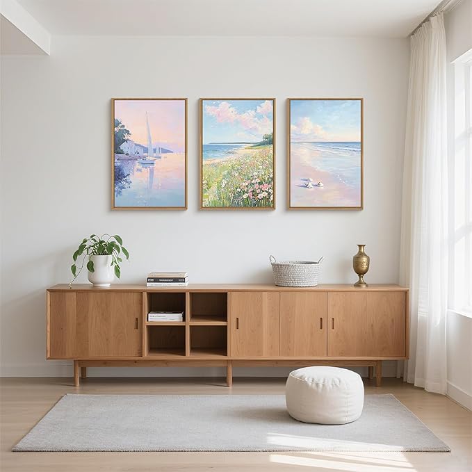 Pink Pastel Coastal Colorful Wildflower Framed Canvas Wall Art Set,Watercolor Preppy Floral & Sailboat Seascape Decor,Dreamy Textured Beach Artwork for Living Room,Bedroom,Farmhouse- 24"x36"x3